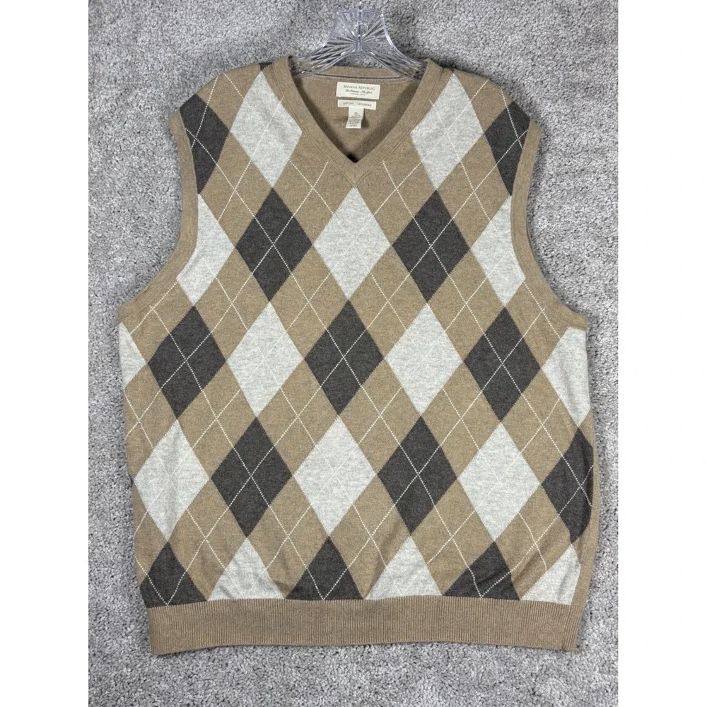 Banana Republic Mens Argyle V Neck Sweater Vest Cotton Cashmere XL Tan Brown‎